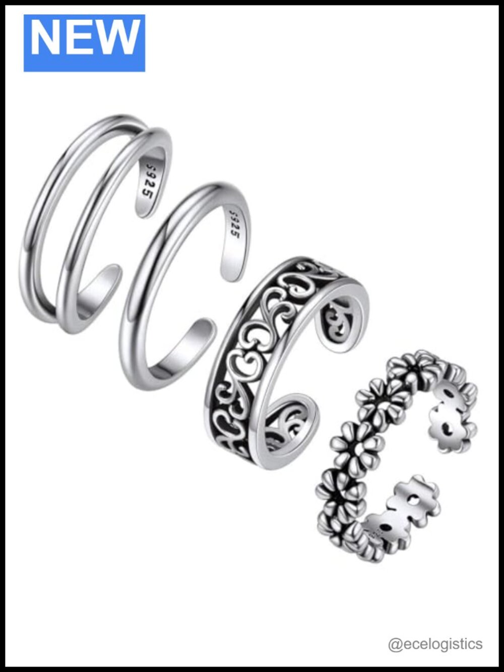 925 Sterling Silver Toe Ring Set Adjustable Stacking Rings Women
